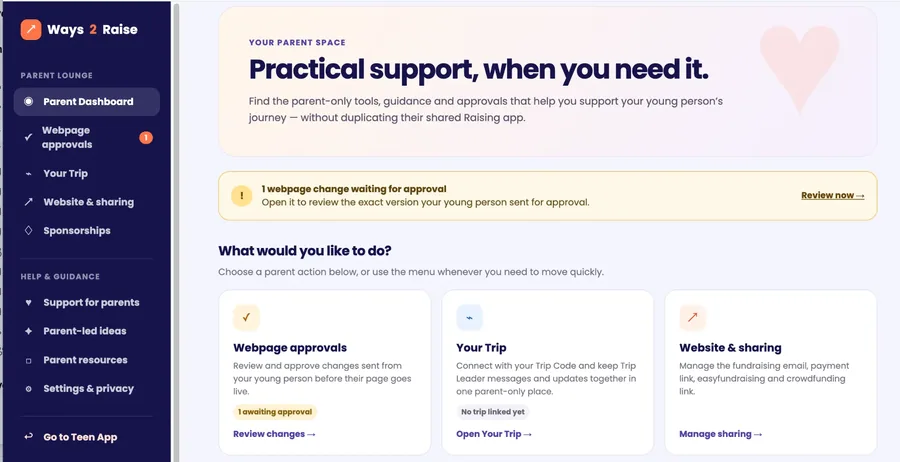 Screenshot of the Ways2Raise Parent Lounge support dashboard