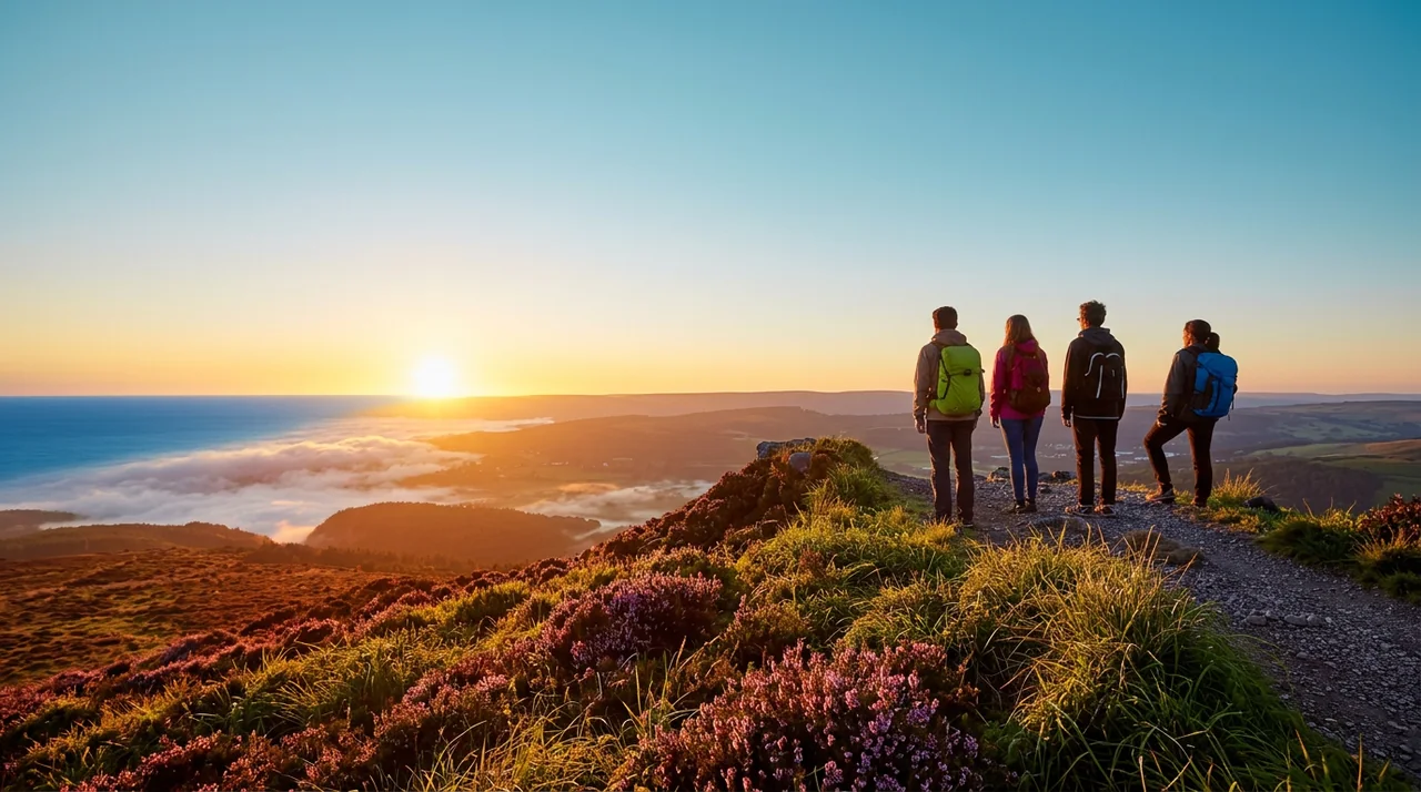 A group of teenagers looking out over a coastline at sunset