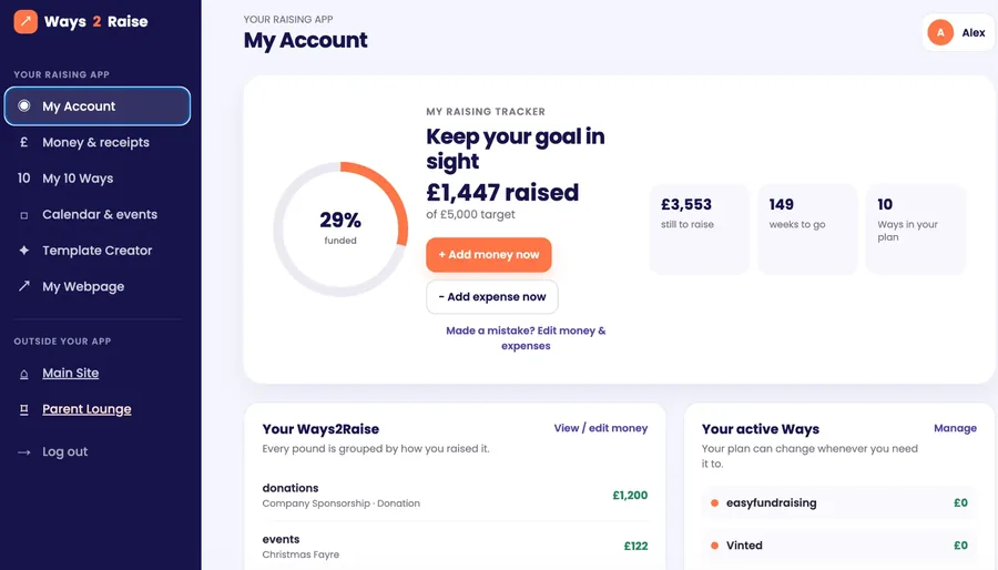 Screenshot of the Ways2Raise Teen Raising App account dashboard