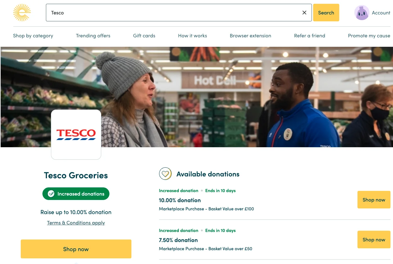 easyfundraising example showing a Tesco retailer page and available cashback donation offers