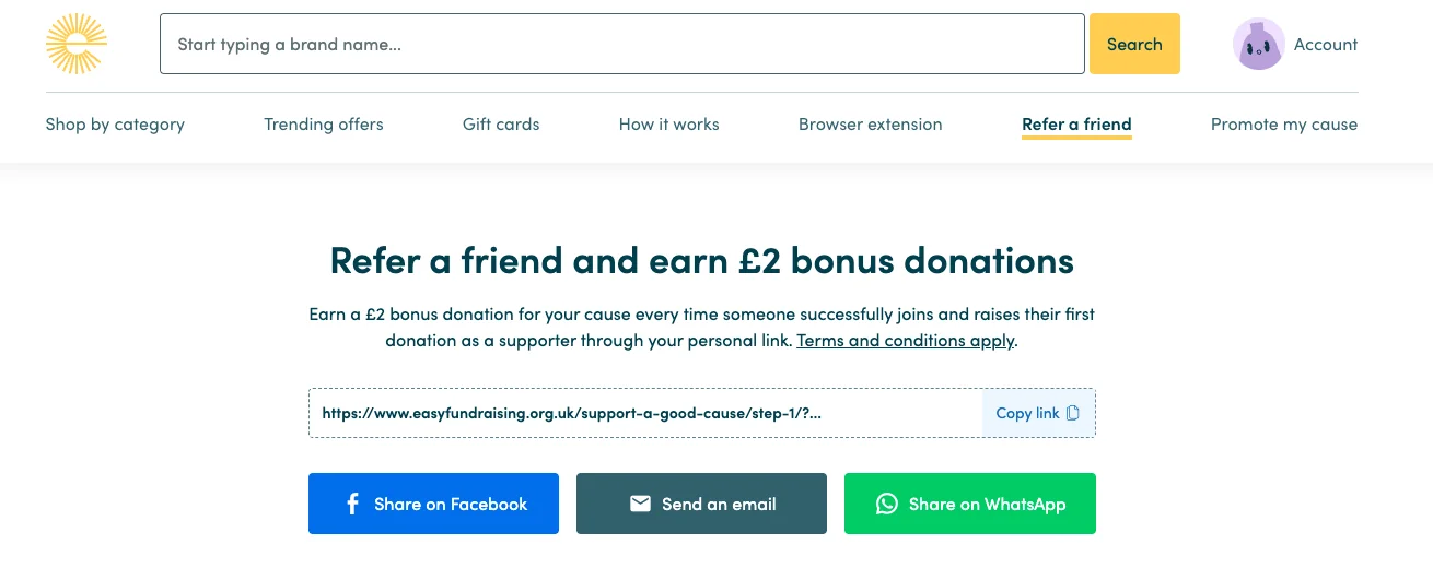 easyfundraising Refer a friend page showing a personal account link and sharing options