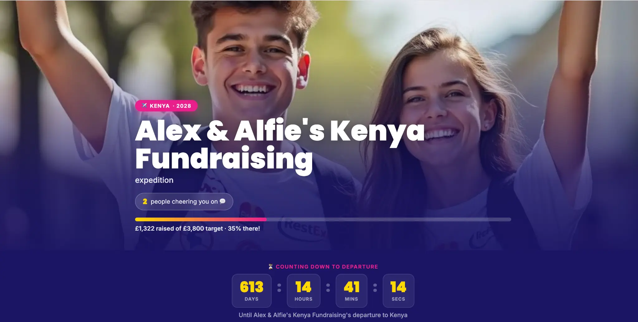 Illustrative Ways2Raise fundraising page showing a trip target, progress bar and countdown